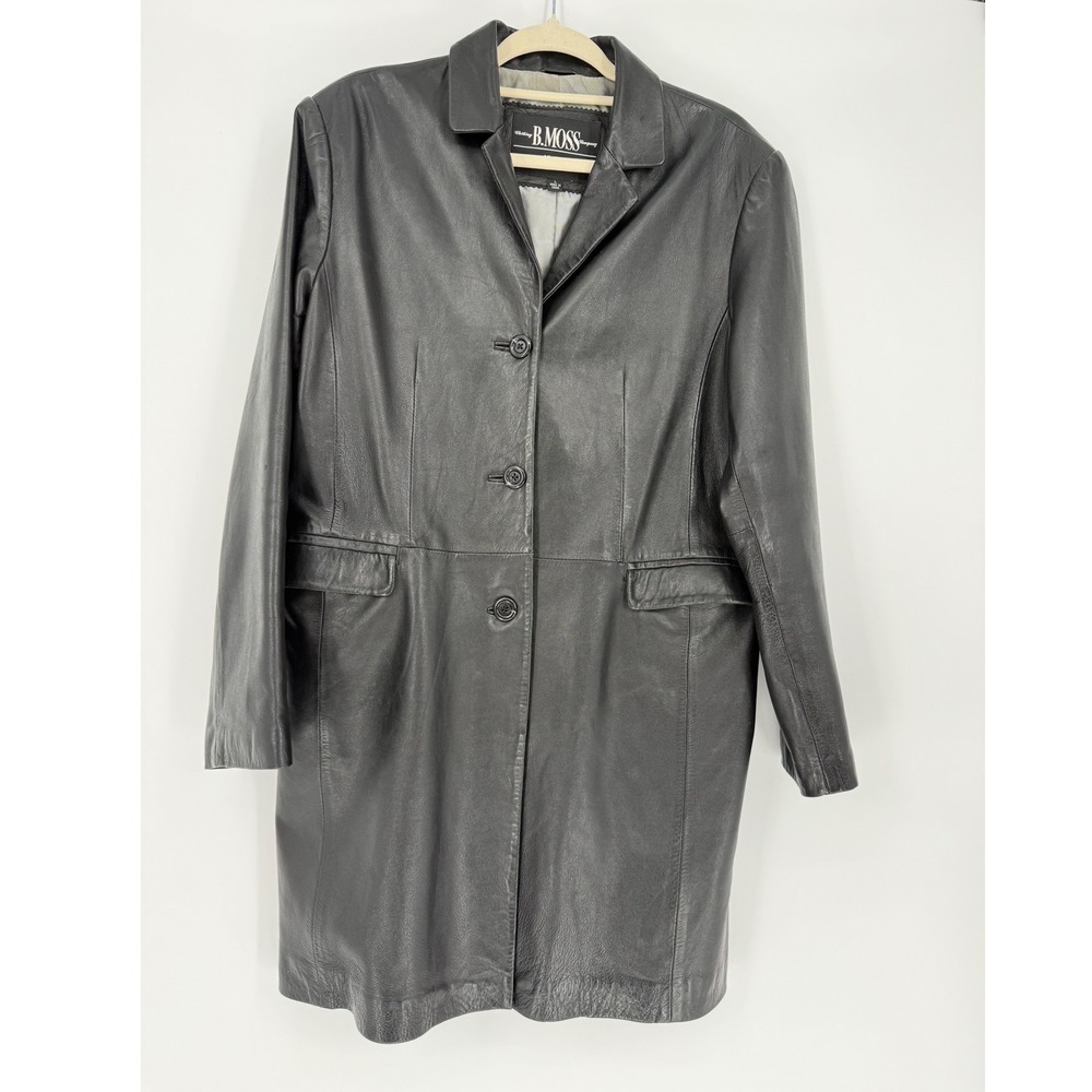 Vintage B Moss Black Leather Coat Jacket Blazer Women's Large 90s Y2K Mid Length
